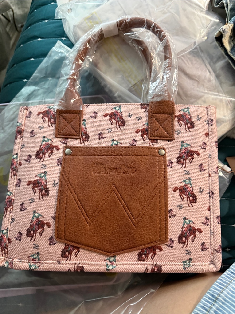 Wrangler Pink Tote with Brown Trim and Western Rider Print - Picture 2 of 5